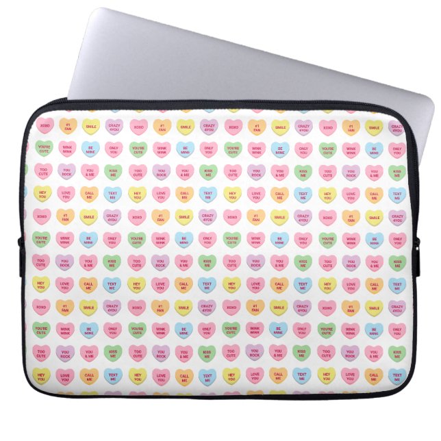 Cute funny girly custom conversation candy hearts laptop sleeve (Front)