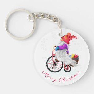 Cute Funny Gnome with Bike and Gifts Christmas Fun Keychain