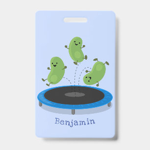 Cute funny green beans on trampoline cartoon badge