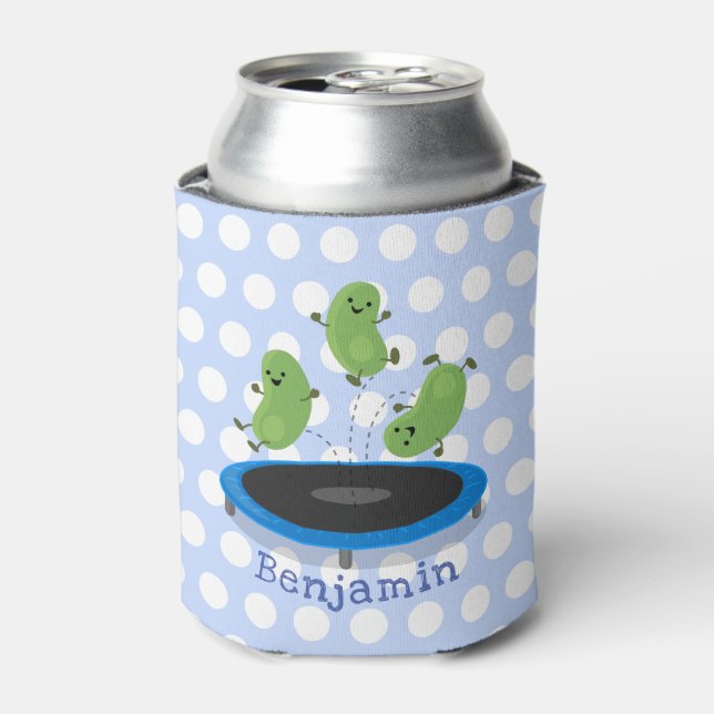 Cute funny green beans on trampoline cartoon can cooler (Can Front)