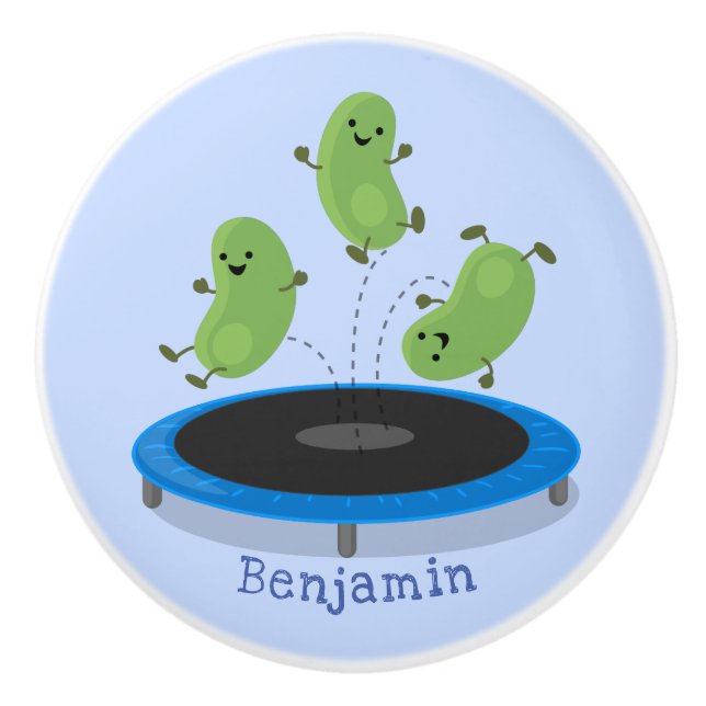 Cute funny green beans on trampoline cartoon ceramic knob (Front)