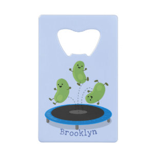 Cute funny green beans on trampoline cartoon credit card bottle opener