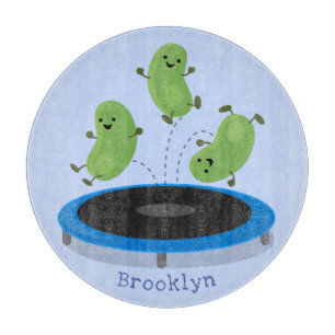 Cute funny green beans on trampoline cartoon cutting board