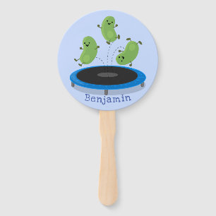 Cute funny green beans on trampoline cartoon hand fan