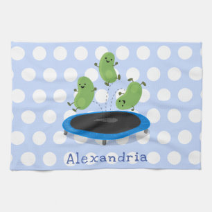 Cute funny green beans on trampoline cartoon kitchen towel
