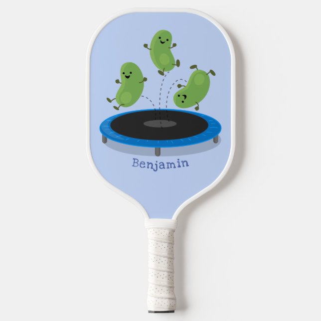 Cute funny green beans on trampoline cartoon  pickleball paddle (Front)