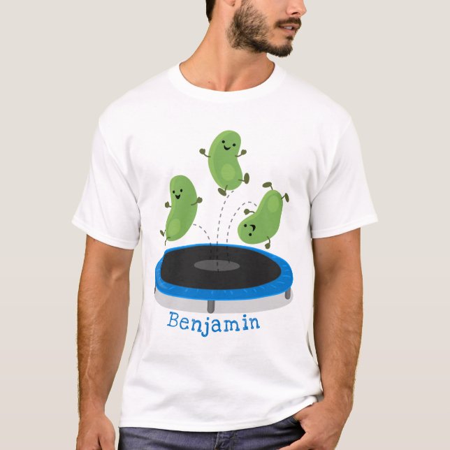 Cute funny green beans on trampoline cartoon T-Shirt (Front)
