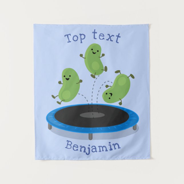 Cute funny green beans on trampoline cartoon tapestry (Front)