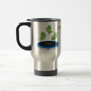 Cute funny green beans on trampoline cartoon travel mug
