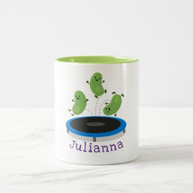 Cute funny green beans on trampoline cartoon Two-Tone coffee mug (Center)