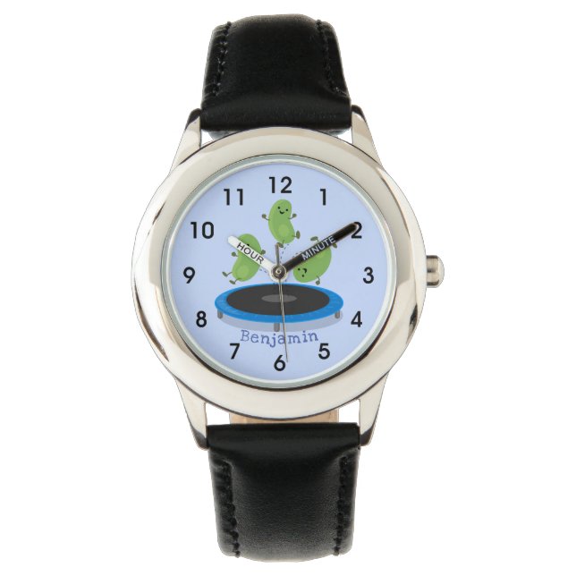 Cute funny green beans on trampoline cartoon watch (Front)