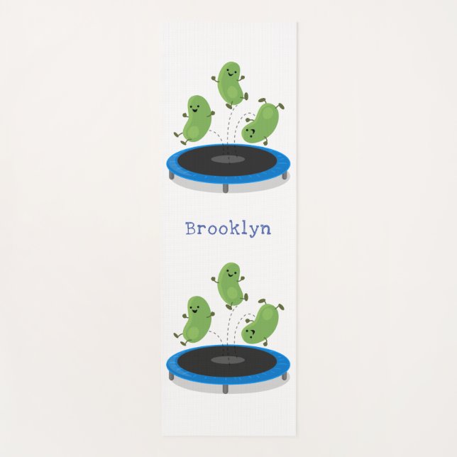 Cute funny green beans on trampoline cartoon yoga mat (Front)