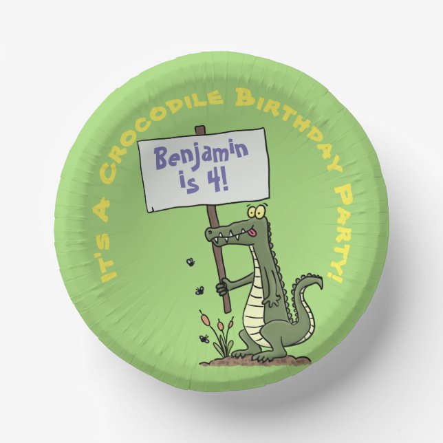 Cute, funny green crocodile humour cartoon paper plate (Front)