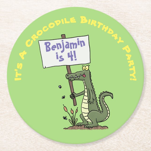 Cute, funny green crocodile humour cartoon round paper coaster (Front)