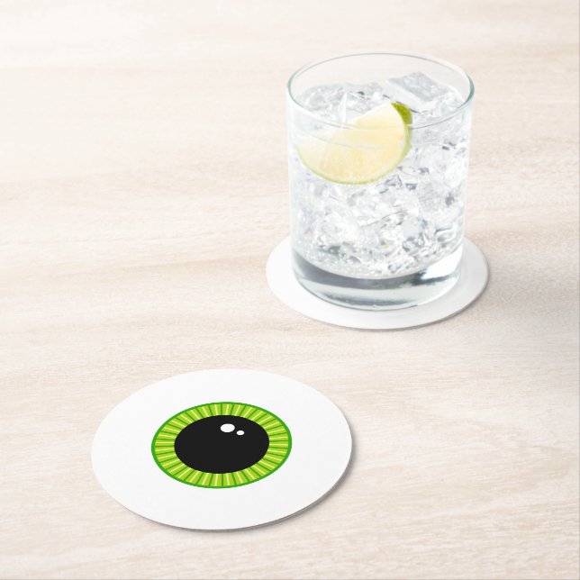 Cute Funny Green Eyeball Round Paper Coaster (Insitu)