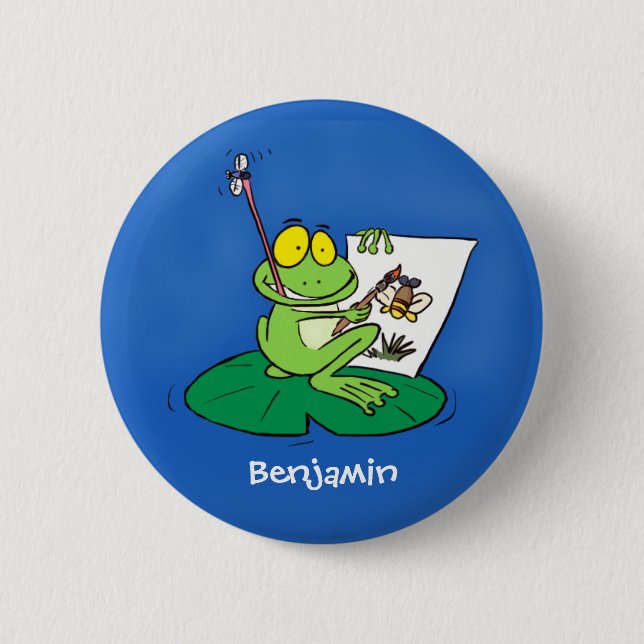 Cute funny green frog cartoon illustration 2 inch round button (Front)