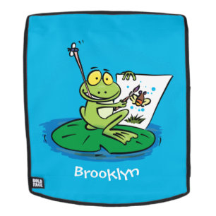 Cute funny green frog cartoon illustration backpack