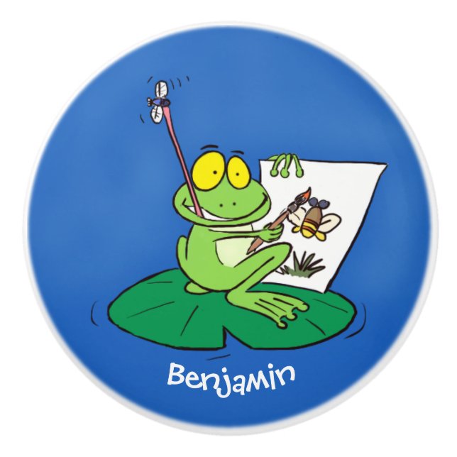 Cute funny green frog cartoon illustration ceramic knob (Front)