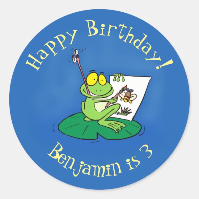 Cute funny green frog cartoon illustration classic round sticker (Front)