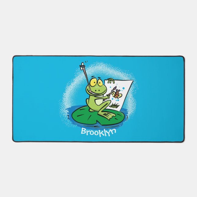 Cute funny green frog cartoon illustration desk mat (Front)