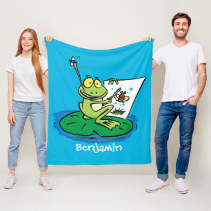 Cute funny green frog cartoon illustration fleece blanket