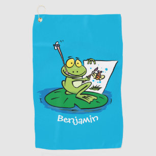 Cute funny green frog cartoon illustration  golf towel