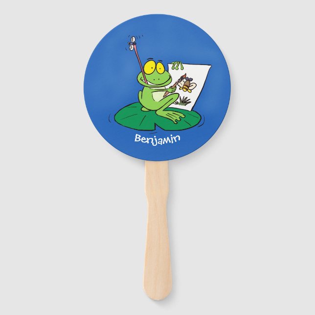 Cute funny green frog cartoon illustration hand fan (Front)