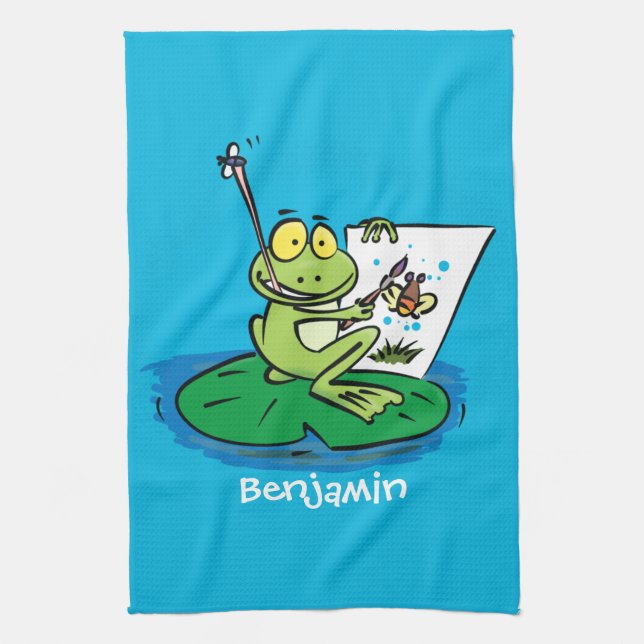 Cute funny green frog cartoon illustration  kitchen towel (Vertical)
