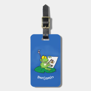 Cute funny green frog cartoon illustration luggage tag
