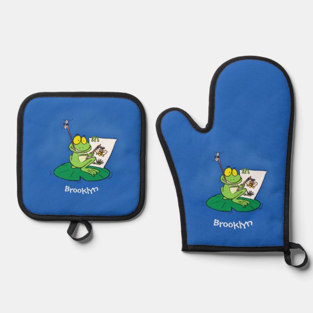 Cute funny green frog cartoon illustration oven mitt & pot holder set (Front)