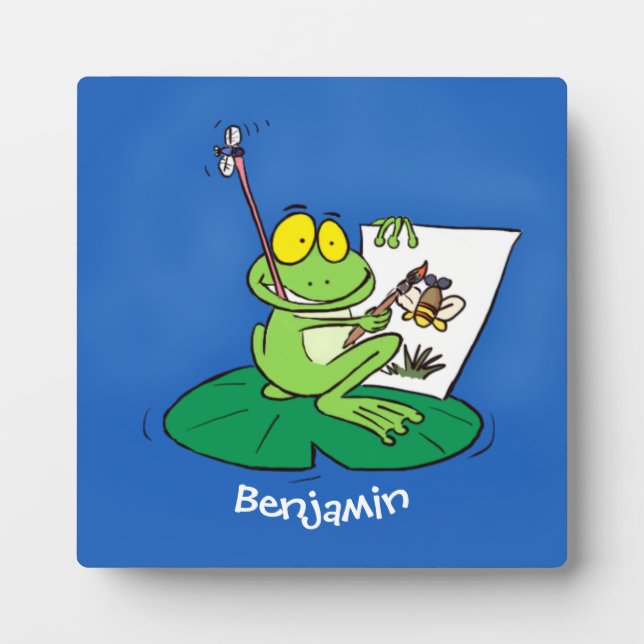 Cute funny green frog cartoon illustration plaque (Front)