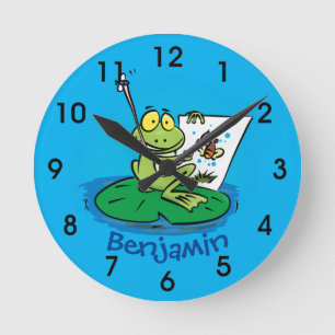 Cute funny green frog cartoon illustration round c clock