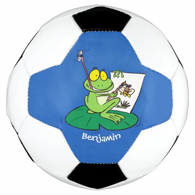 Cute funny green frog cartoon illustration soccer ball (Front)