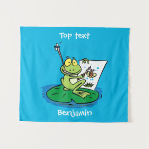 Cute funny green frog cartoon illustration tapestry