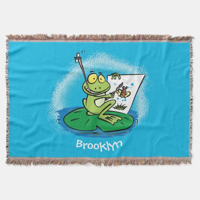 Cute funny green frog cartoon illustration throw blanket (Front)