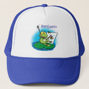 Cute funny green frog cartoon illustration trucker trucker hat