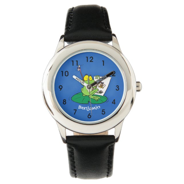 Cute funny green frog cartoon illustration watch (Front)