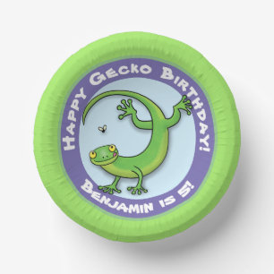 Cute funny green gecko cartoon birthday paper plate
