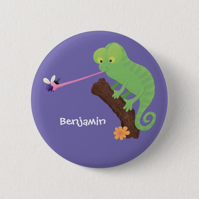 Cute funny green happy chameleon lizard cartoon 2 inch round button (Front)