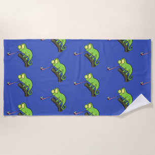 Cute funny green happy chameleon lizard cartoon beach towel