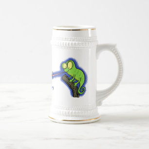 Cute funny green happy chameleon lizard cartoon beer stein