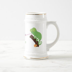 Cute funny green happy chameleon lizard cartoon beer stein