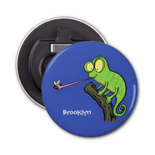 Cute funny green happy chameleon lizard cartoon bottle opener