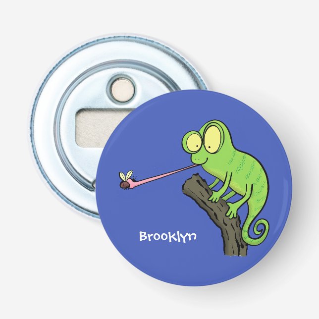 Cute funny green happy chameleon lizard cartoon bottle opener (Front)