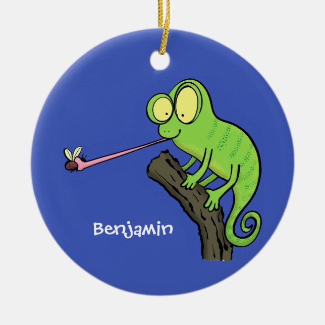 Cute funny green happy chameleon lizard cartoon ceramic ornament (Front)