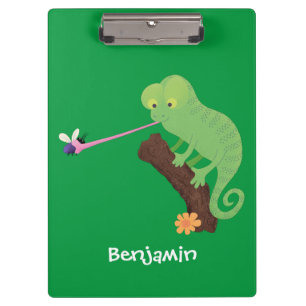 Cute funny green happy chameleon lizard cartoon clipboard