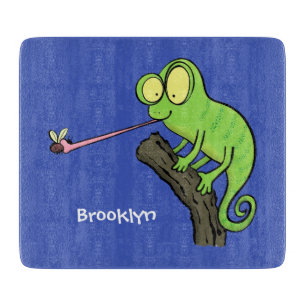 Cute funny green happy chameleon lizard cartoon cutting board