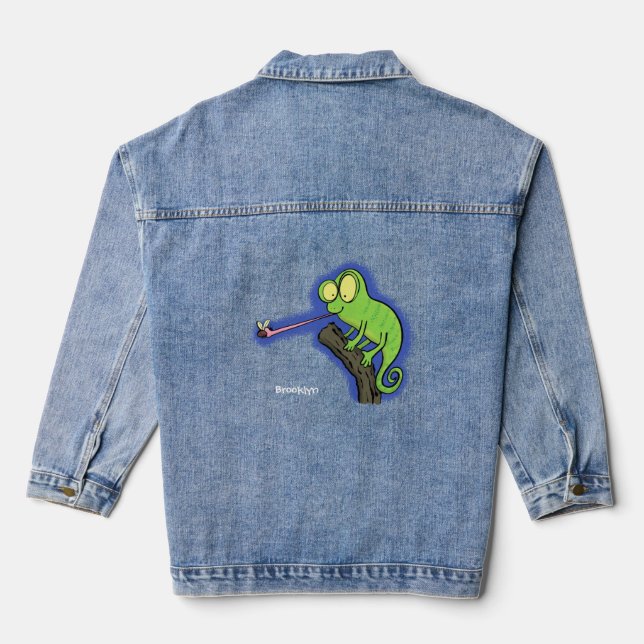 Cute funny green happy chameleon lizard cartoon denim jacket (Back)