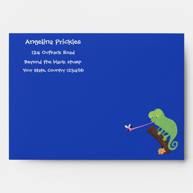 Cute funny green happy chameleon lizard cartoon envelope (Front)