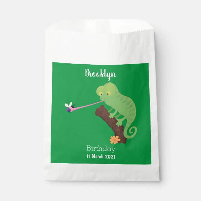 Cute funny green happy chameleon lizard cartoon favour bag (Front)